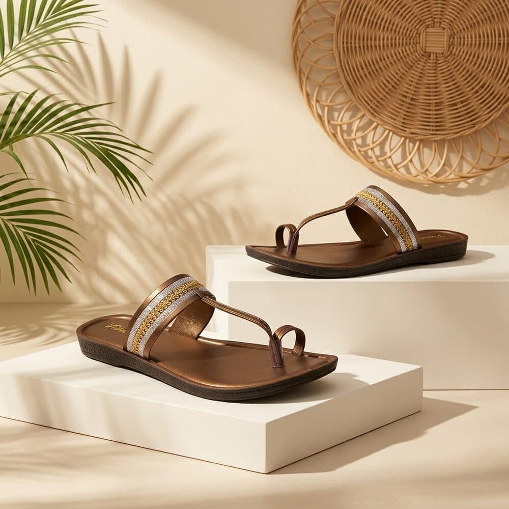 Metallic bronze toe-ring sandal with embroidered strap