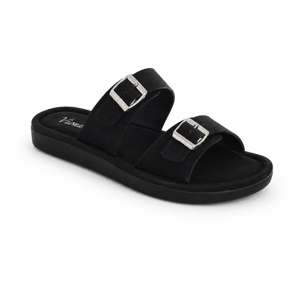 Black suede double-buckle slide sandal