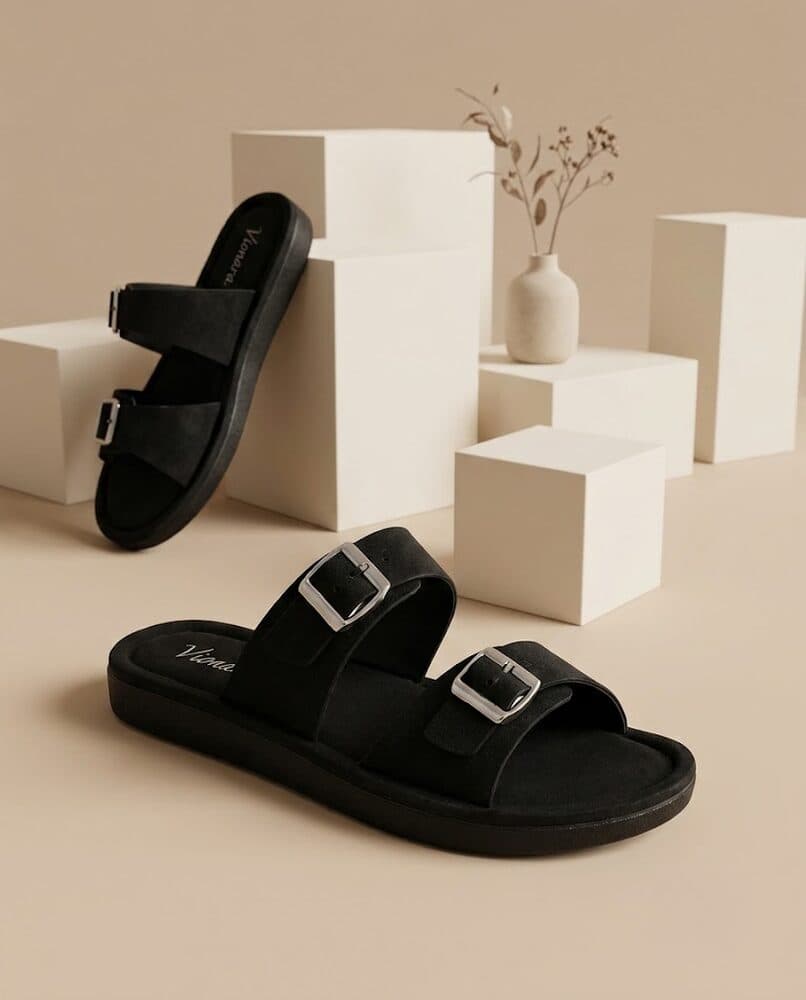 Black suede double-buckle slide sandal
