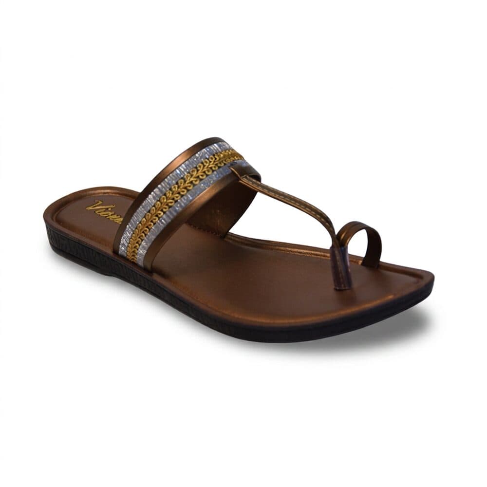 Metallic bronze toe-ring sandal with embroidered strap