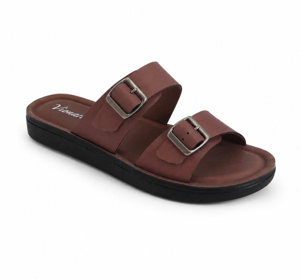 Cognac brown double-buckle slide sandal