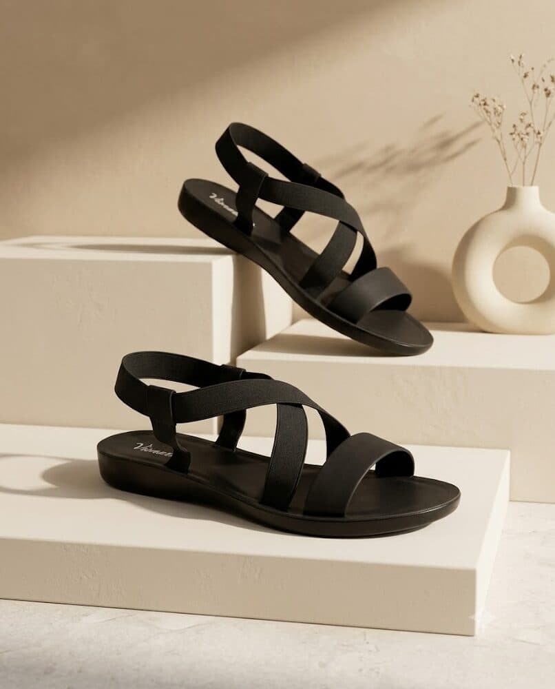 Black elastic crisscross strap sandal