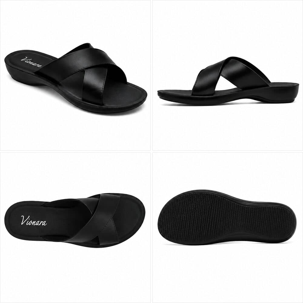 Black crisscross flat slide sandal