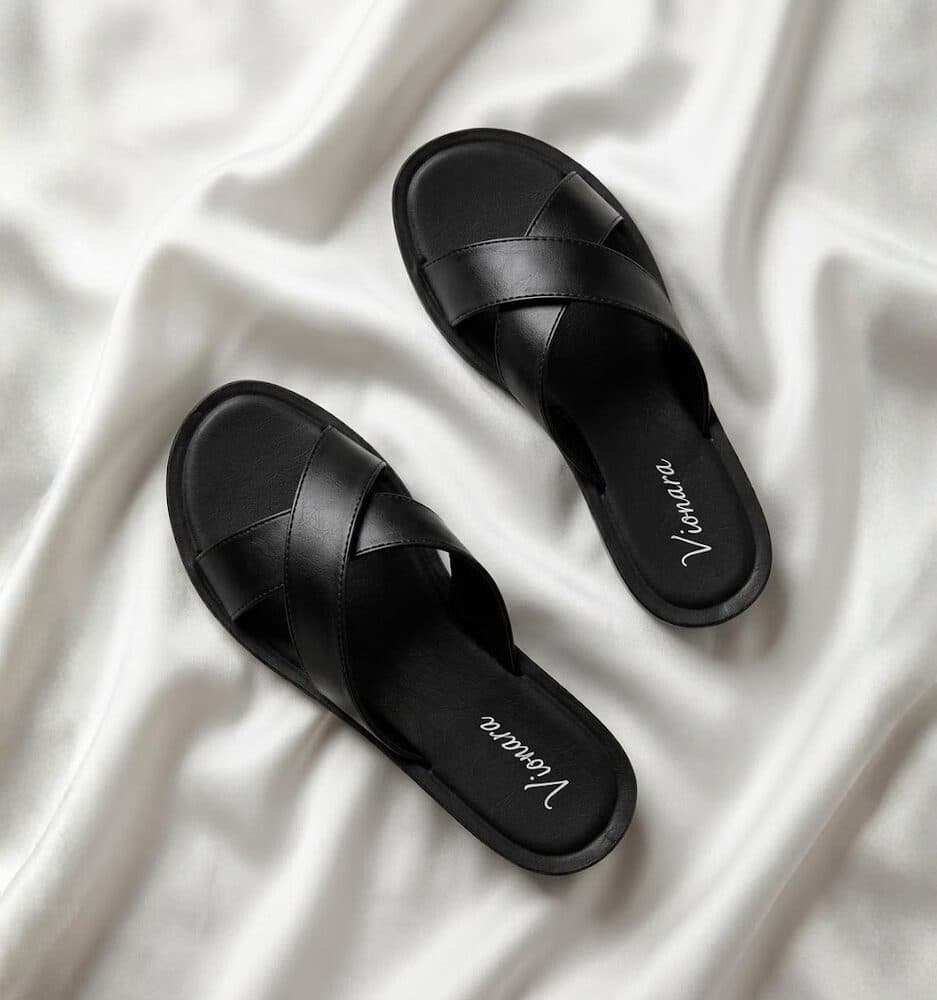 Black crisscross flat slide sandal