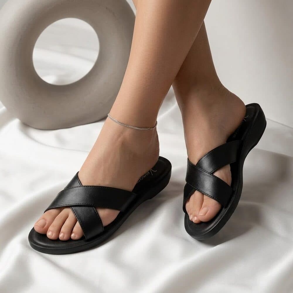 Black crisscross flat slide sandal