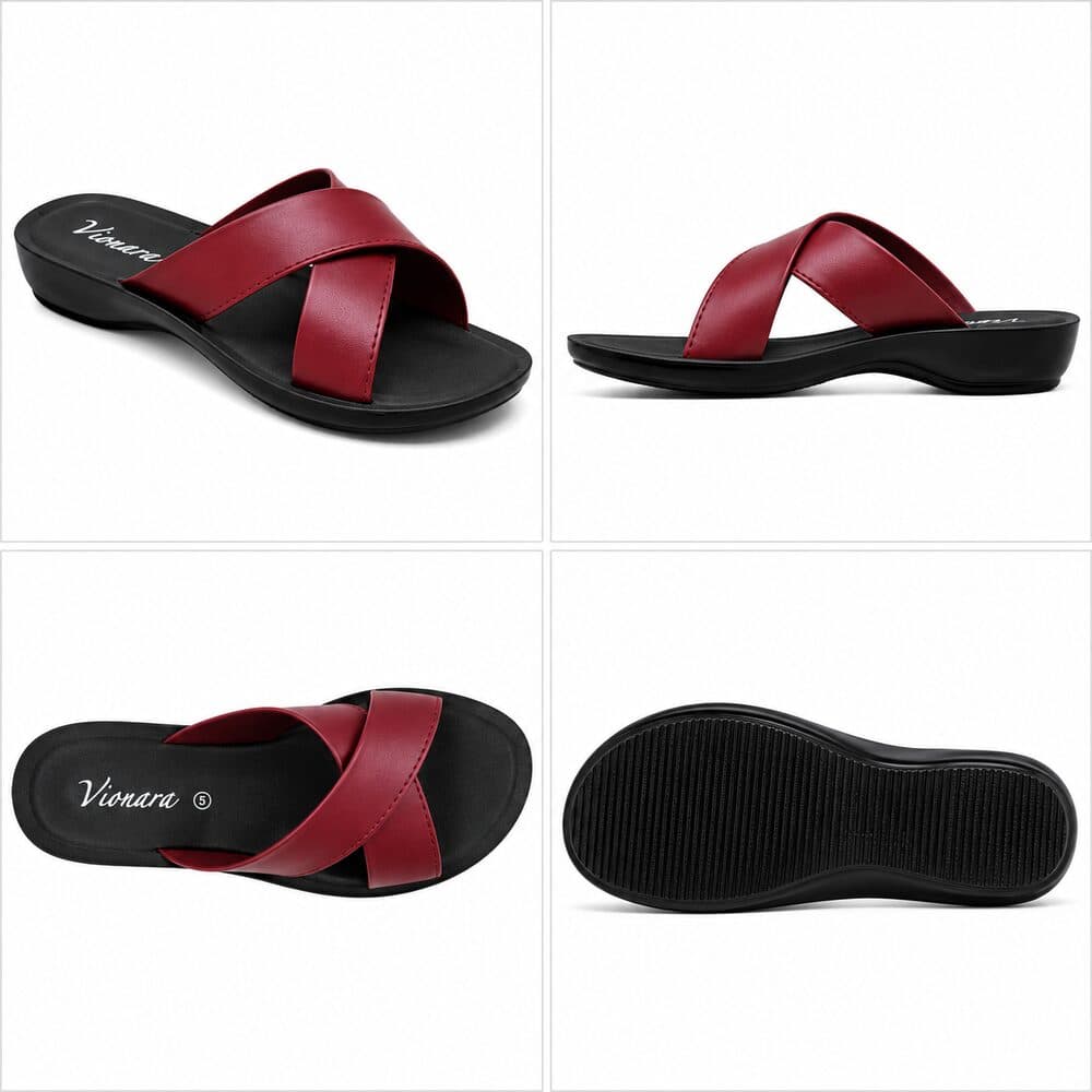 Red crisscross flat slide sandal with black sole