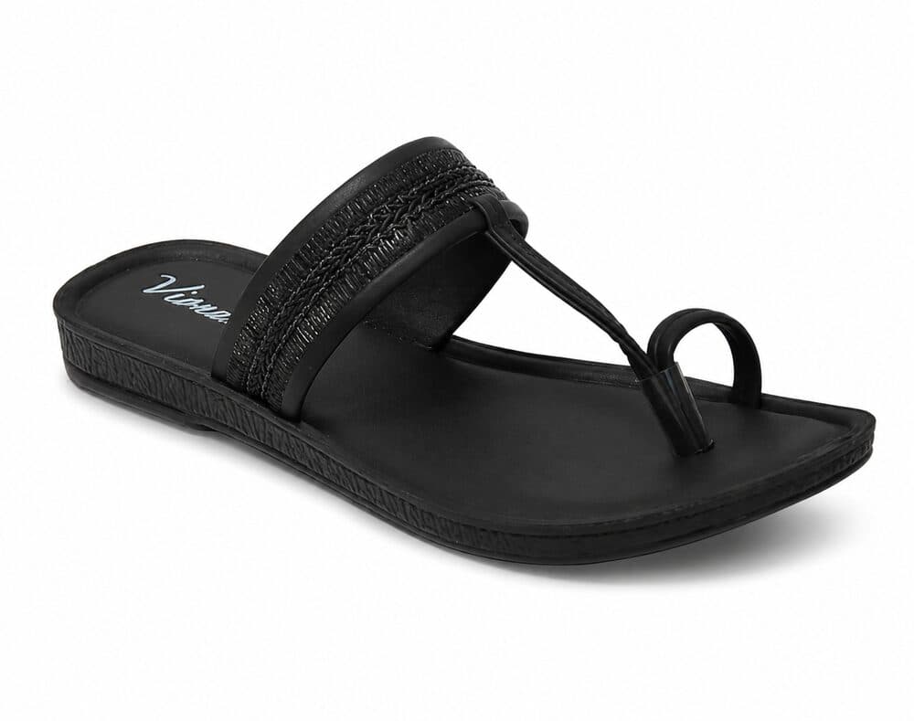 Black toe-ring flat sandal with braided strap detail